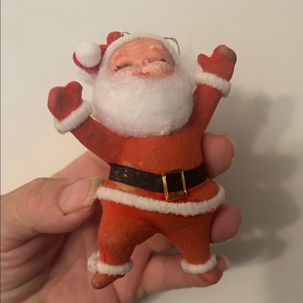 Vintage Santa Claus Ornament Flocked Felt Suit Molded Plastic Face Japan 1960s